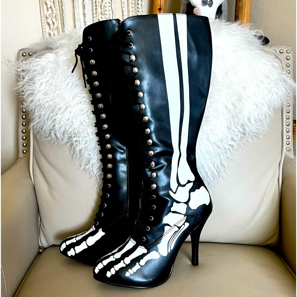 Funtasma XRay Skeleton Bones Tall Black Goth Halloween Lace Up Boots 10